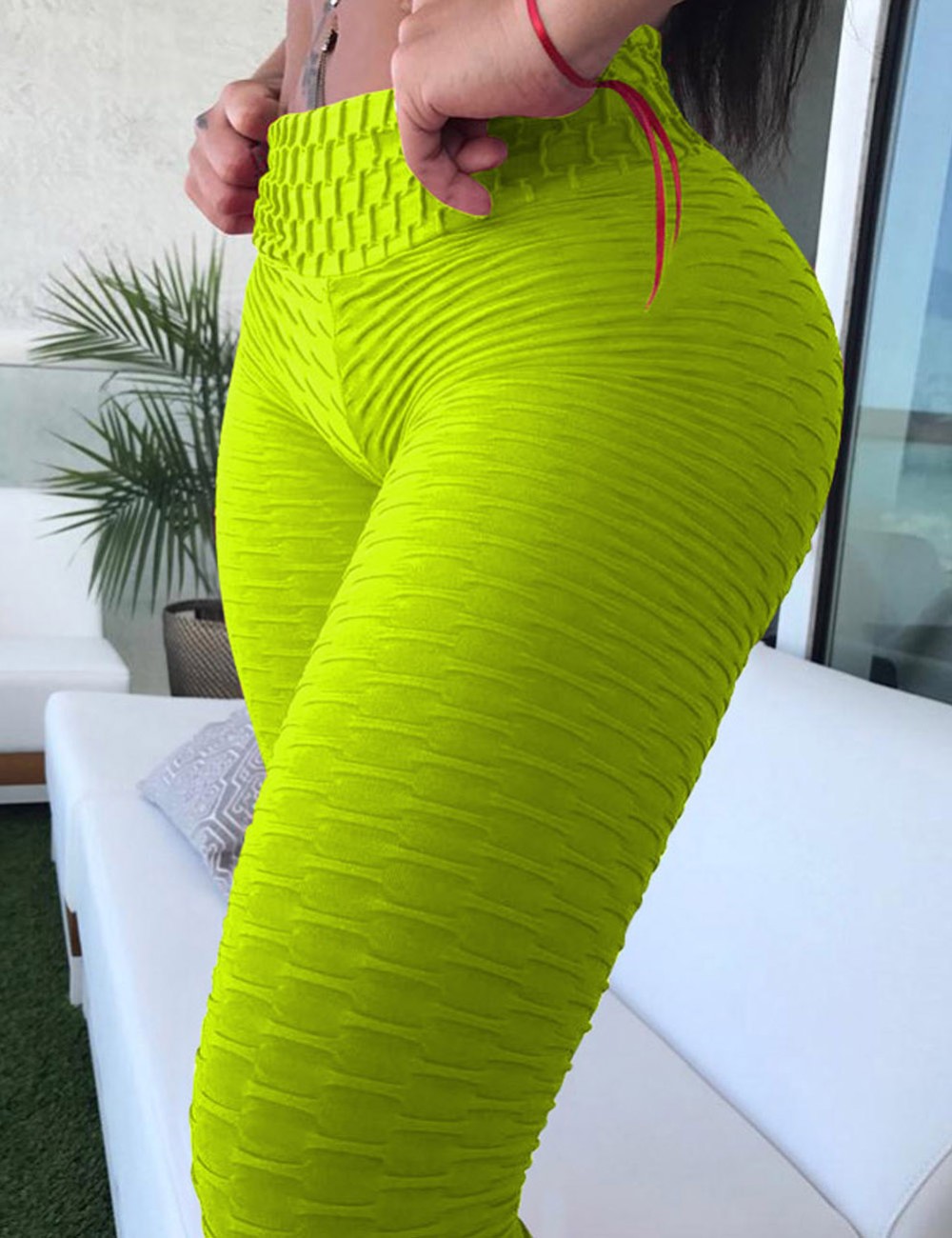 Sensational Fluorescent Green Butt Lifting Yoga Tights Wide Waistband