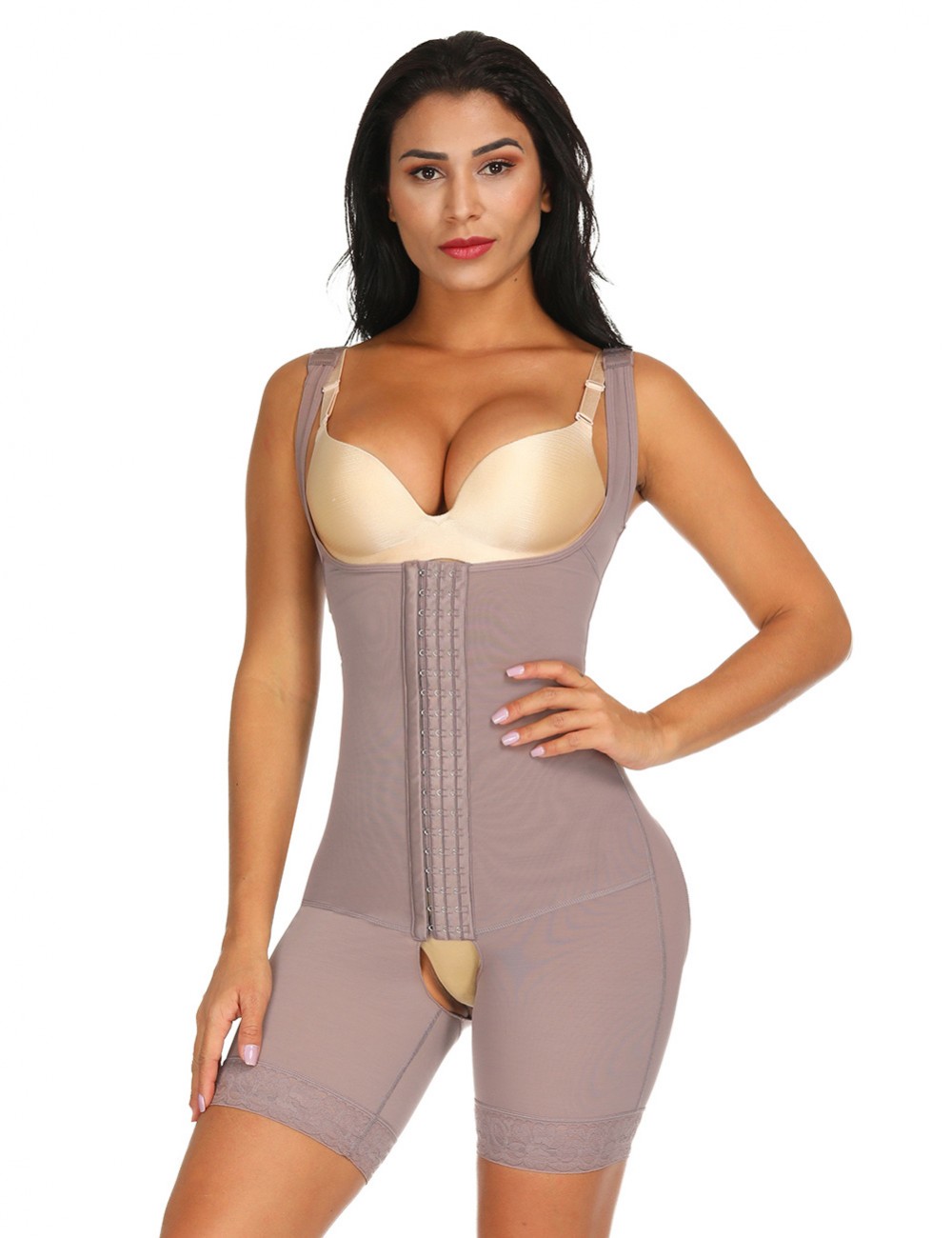 Brown No-Curling Full Body Shaper Plus Size Wide Straps Flatten Tummy