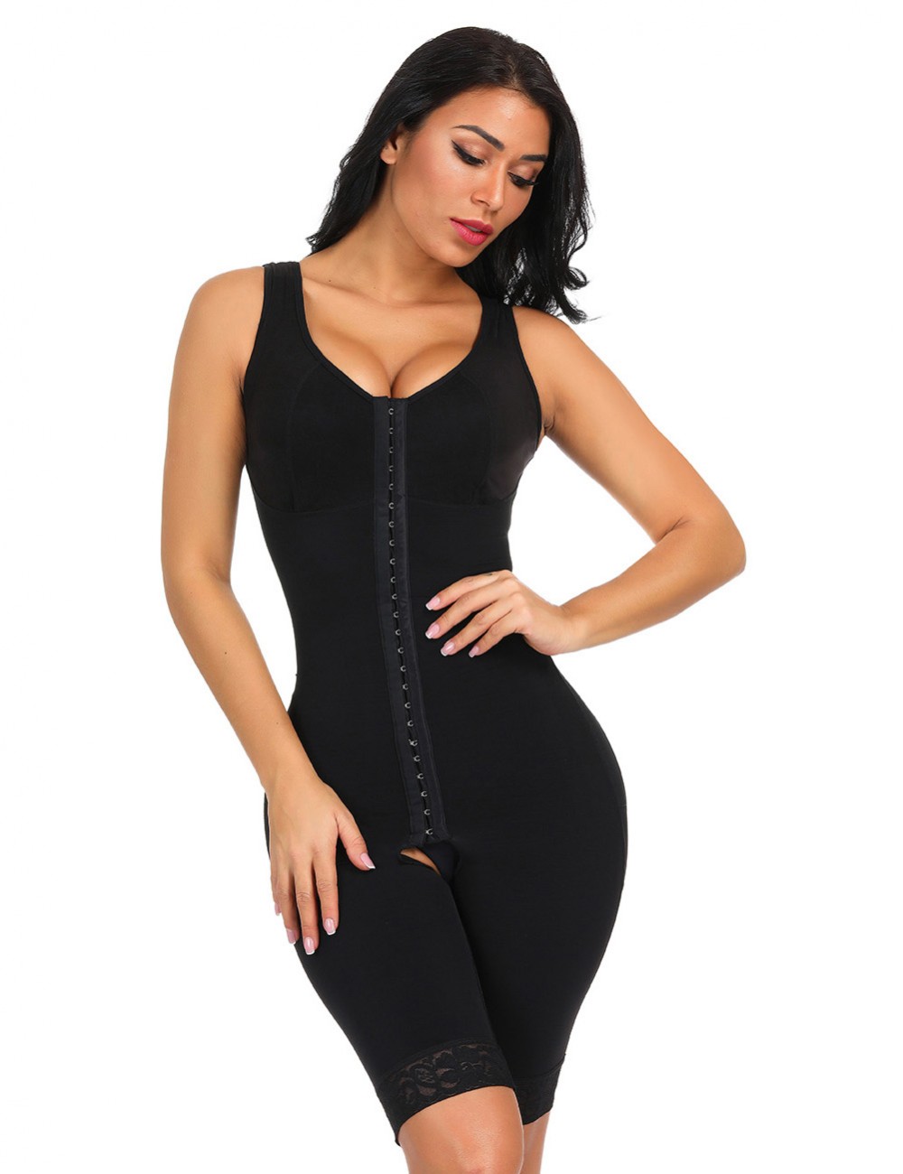 Superfit Black Big Size Floral Lace Bodysuit Wide Straps Hooks Figure Sculpting