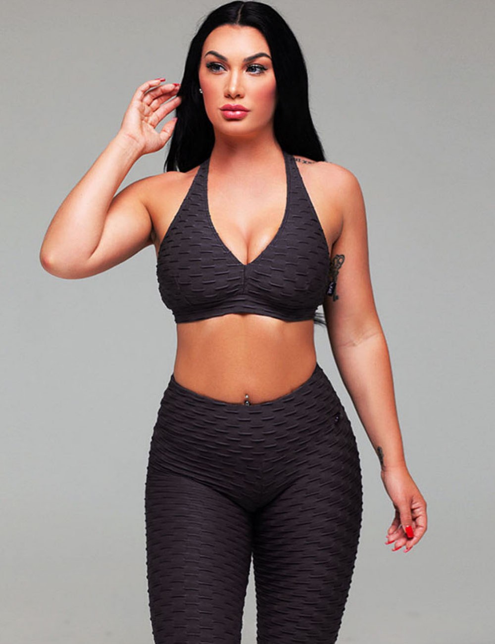 Stretch Black Racerback Sports Bra Two Piece Jacquard Leggings For Training