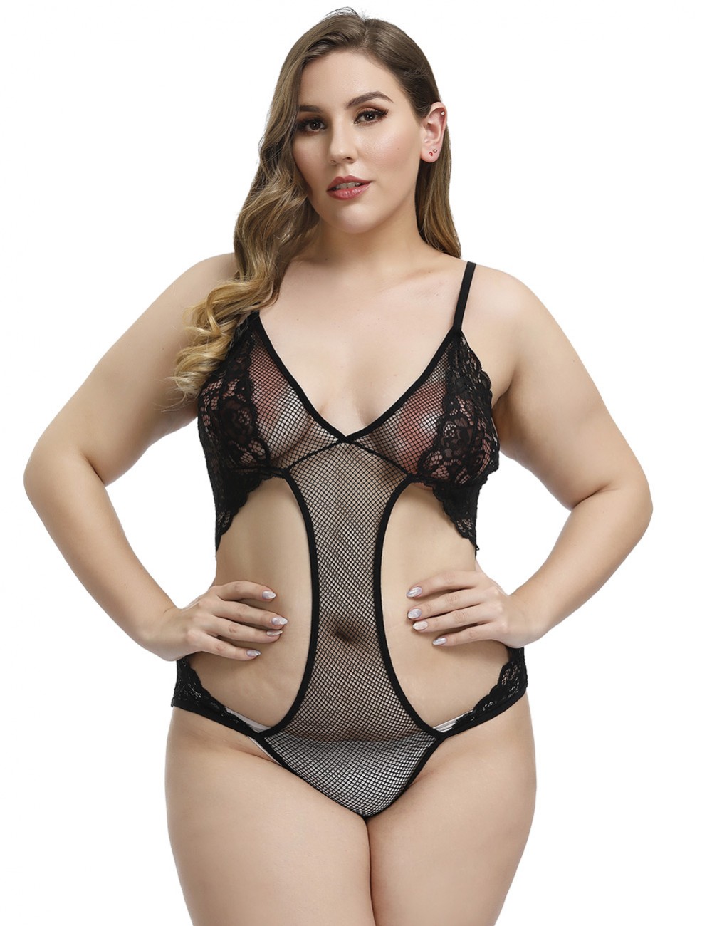 Glam Black Large Size Mesh Hollow Teddy Lace Lingerie Romance Time