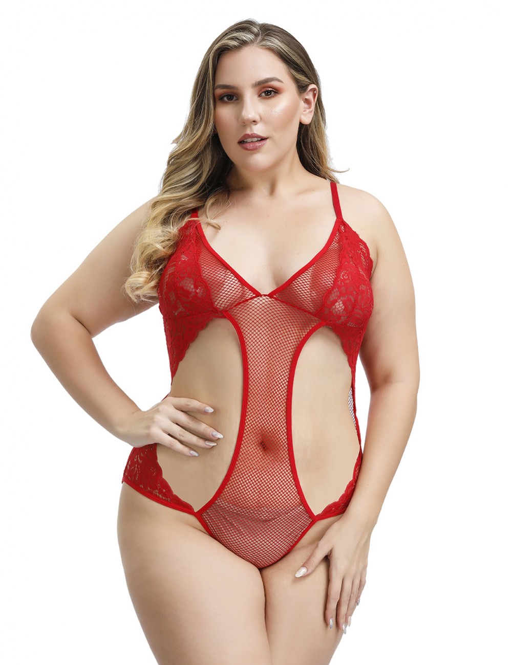 Staple Red Cut Out Lace Mesh V Neck Teddy Plus Size High Grade