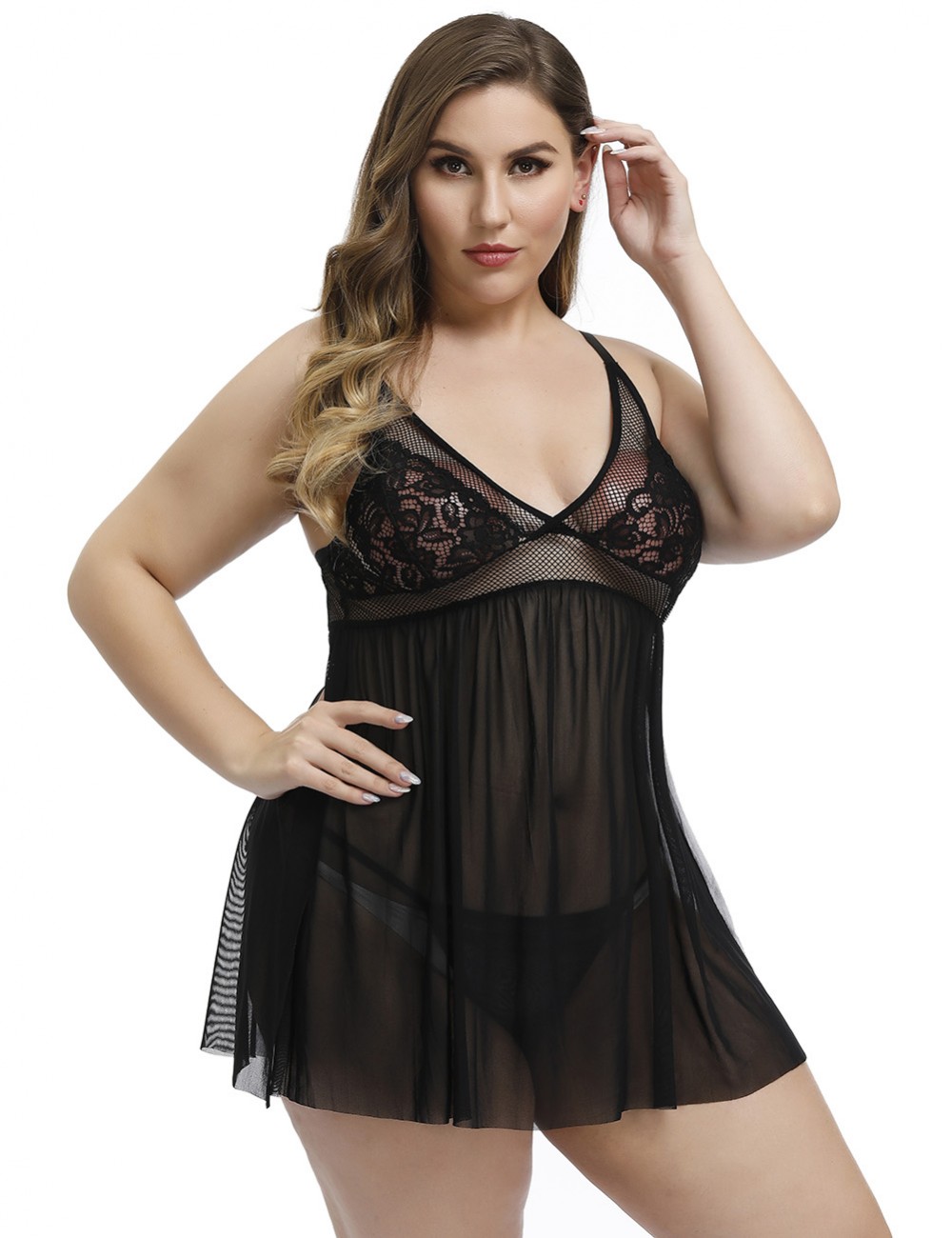 Hot Trendy Black Lace Prospective Mesh Plus Size Babydolls Fashion