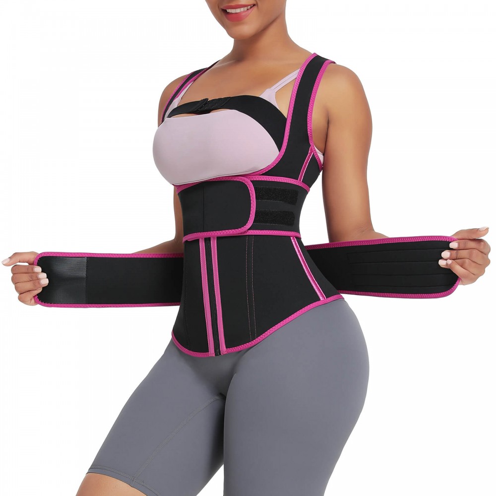 Pink Neoprene Slimming Belly Double Belt Waist Trainer With 9 Bones
