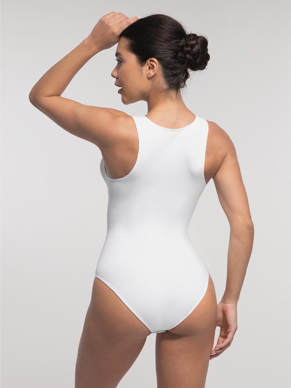 White Seamless Ribbed Zip Front Sleeveless Briefs Bodysuit