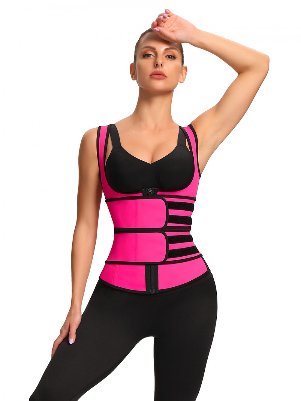 Rose Red Double Belt Zipper Latex Waist Trainer Vest Hourglass