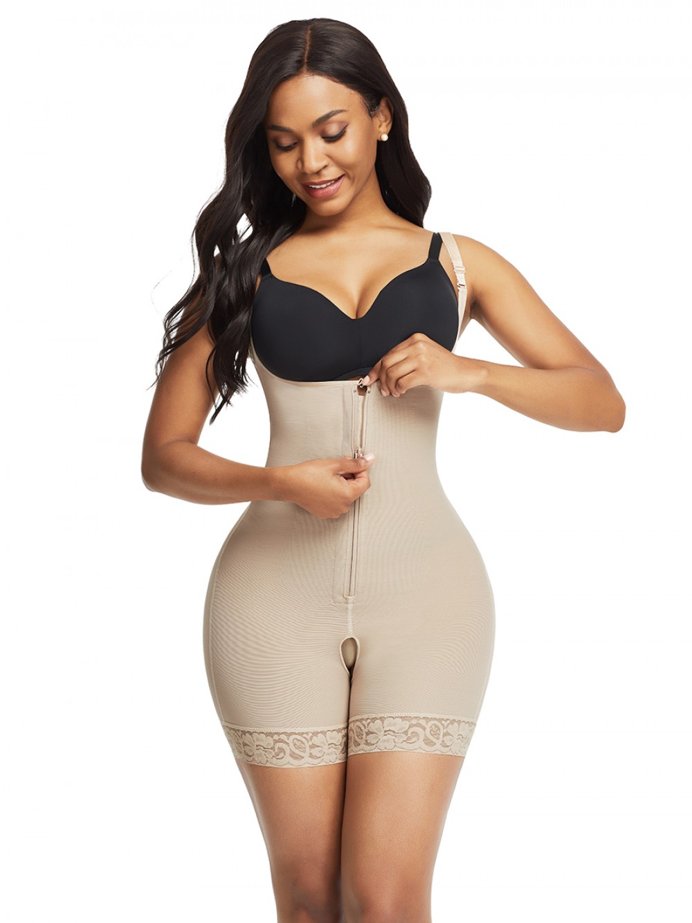 Skin Color Front Zipper Hook Lace Trim Shapewear With Straps