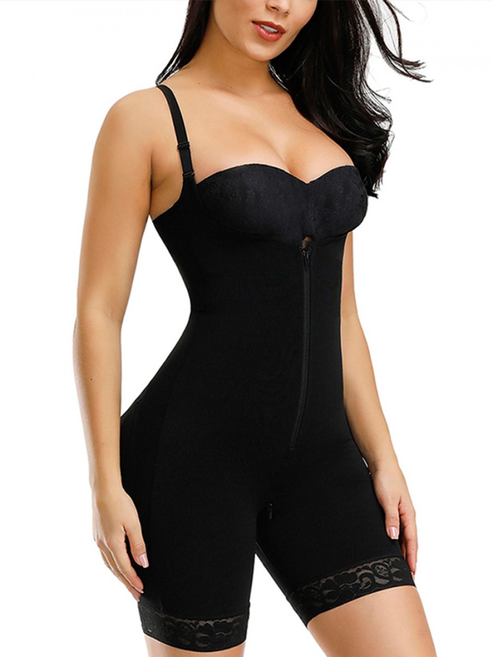 Black 3 Layers Adjustable Strap Full Body Shaper Midsection Compression