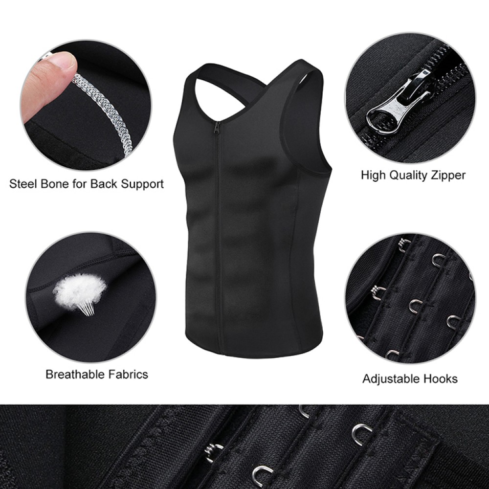 Amazing Black Steel Boned Plus Size Mens Shaper Hooks Zip Perfect-Fit