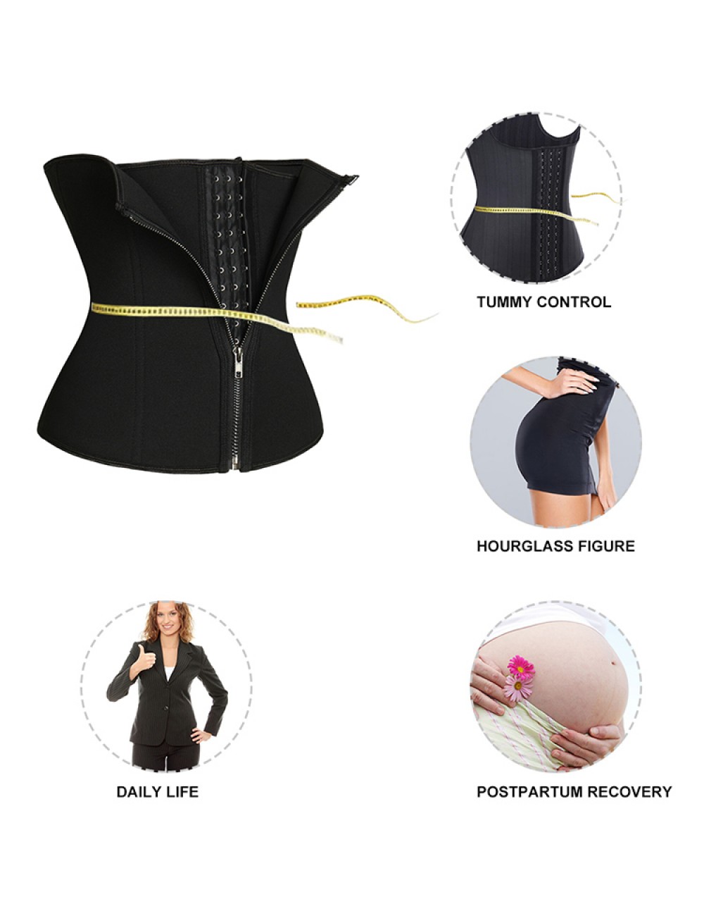 Plus Size Black Front Zipper Double Layer Waist Cincher