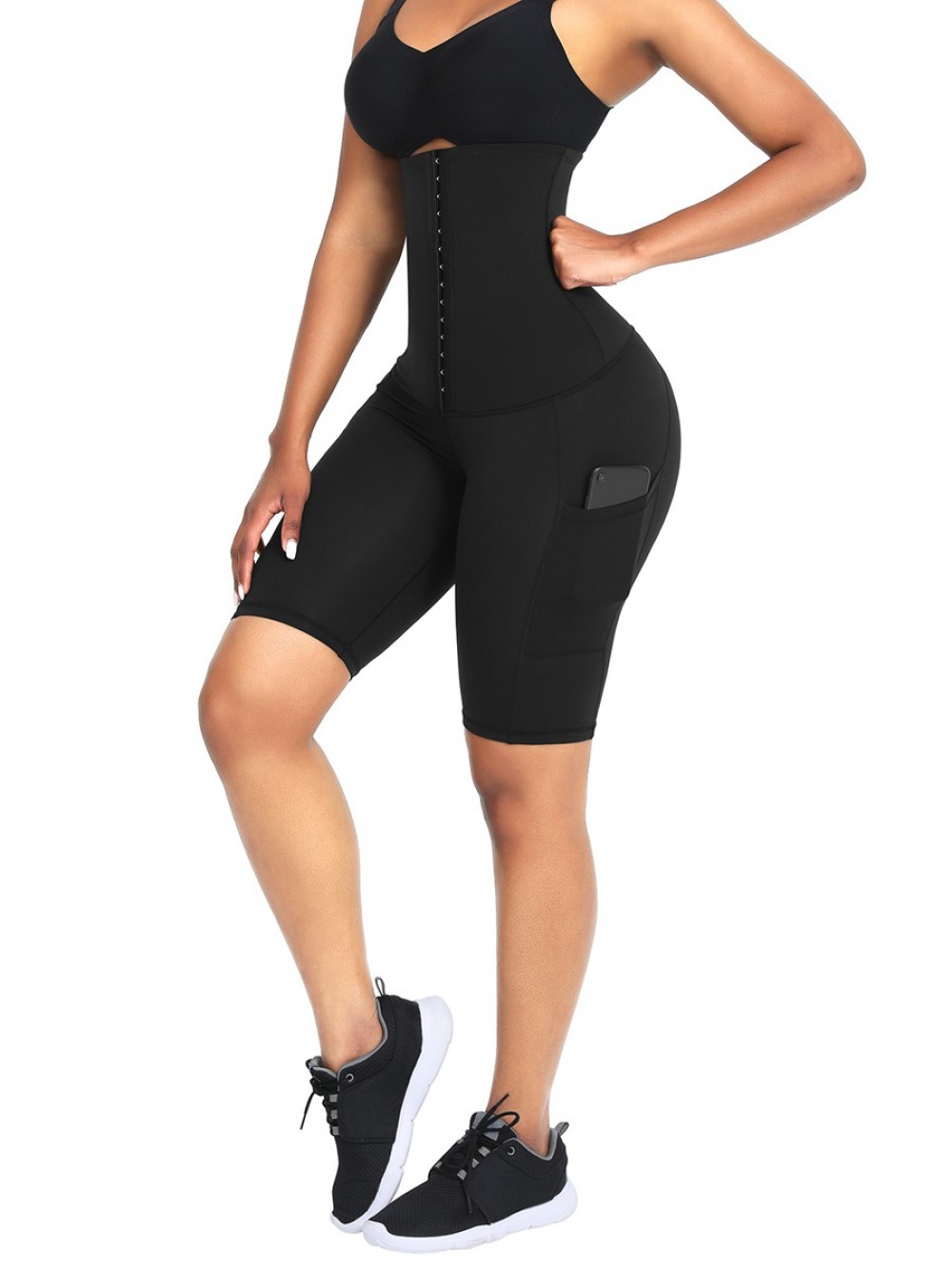 Black Knee Length Tummy Control Waist Trainer Shorts High-Compression