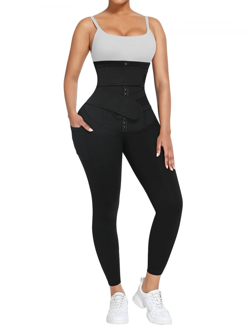 Black Ankle Pants with Blue PU Coated Lining and Double Waistbands Slimmer Belly