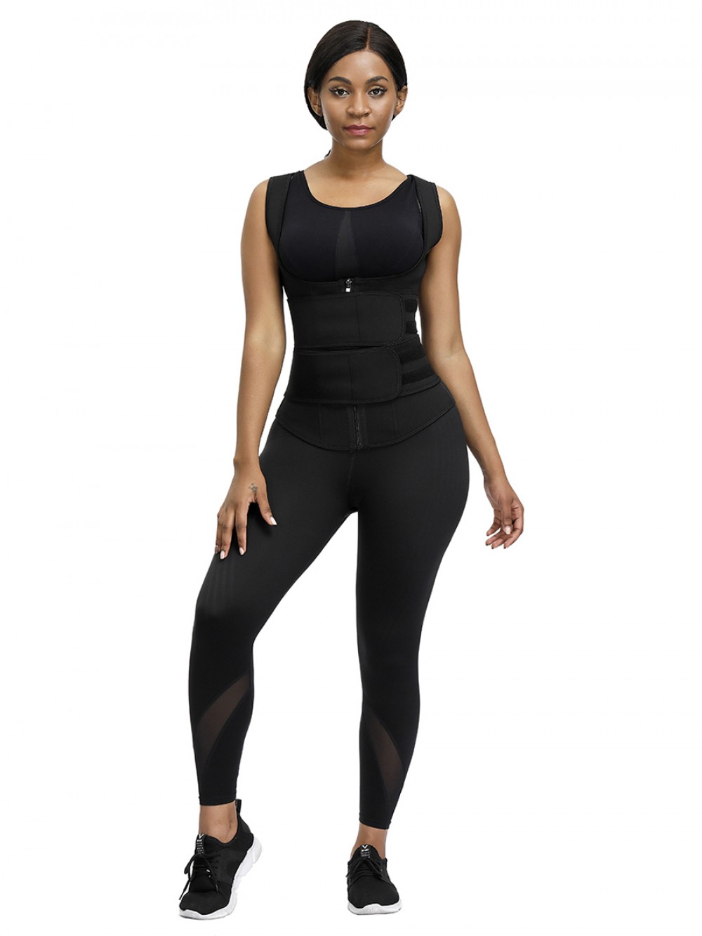Black Neoprene Sauna Vest Zipper Double Belt Smooth Silhouette