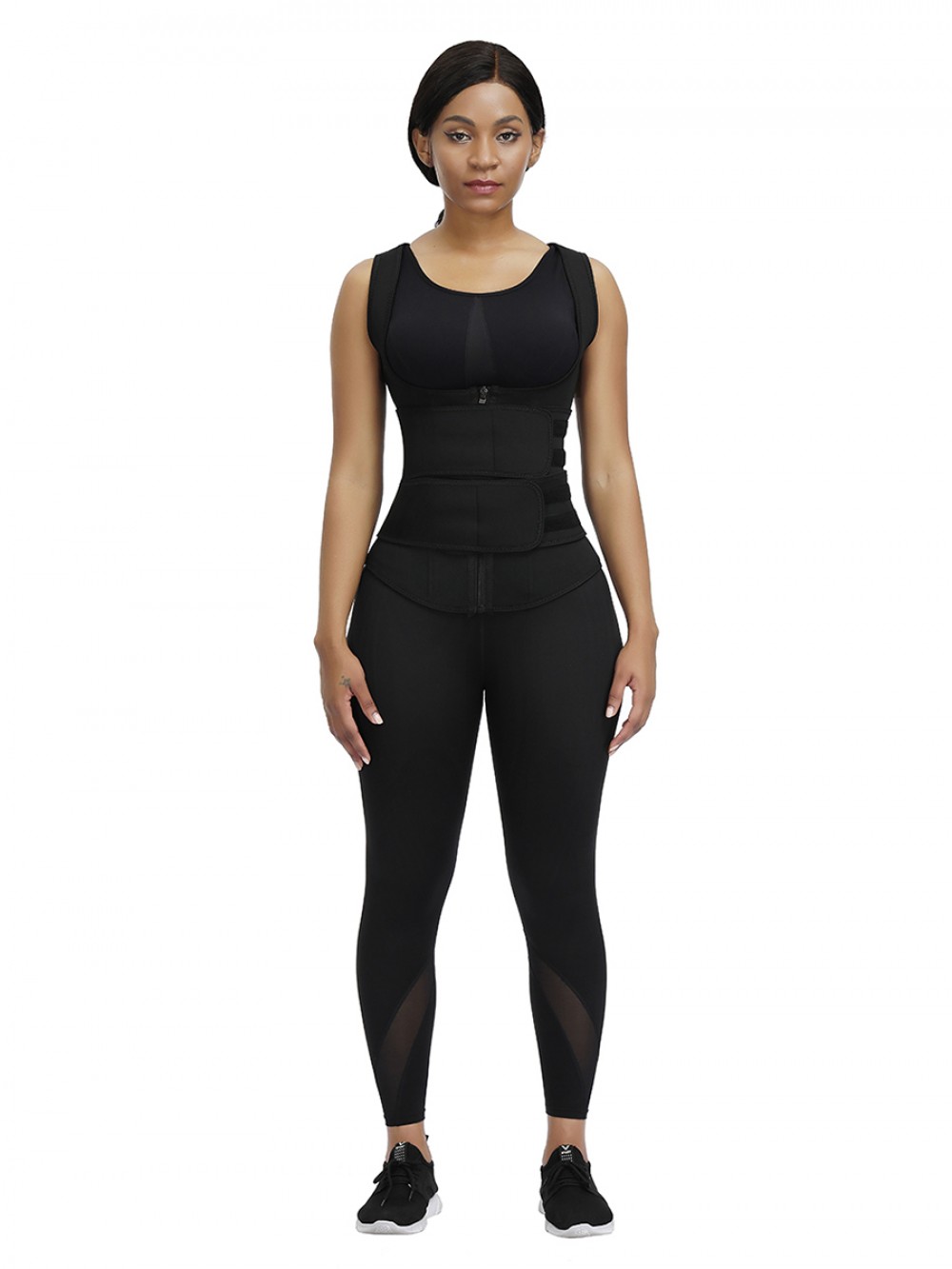 Black Neoprene Sauna Vest Zipper Double Belt Smooth Silhouette