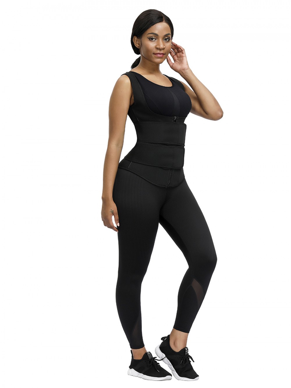 Black Neoprene Sauna Vest Zipper Double Belt Smooth Silhouette