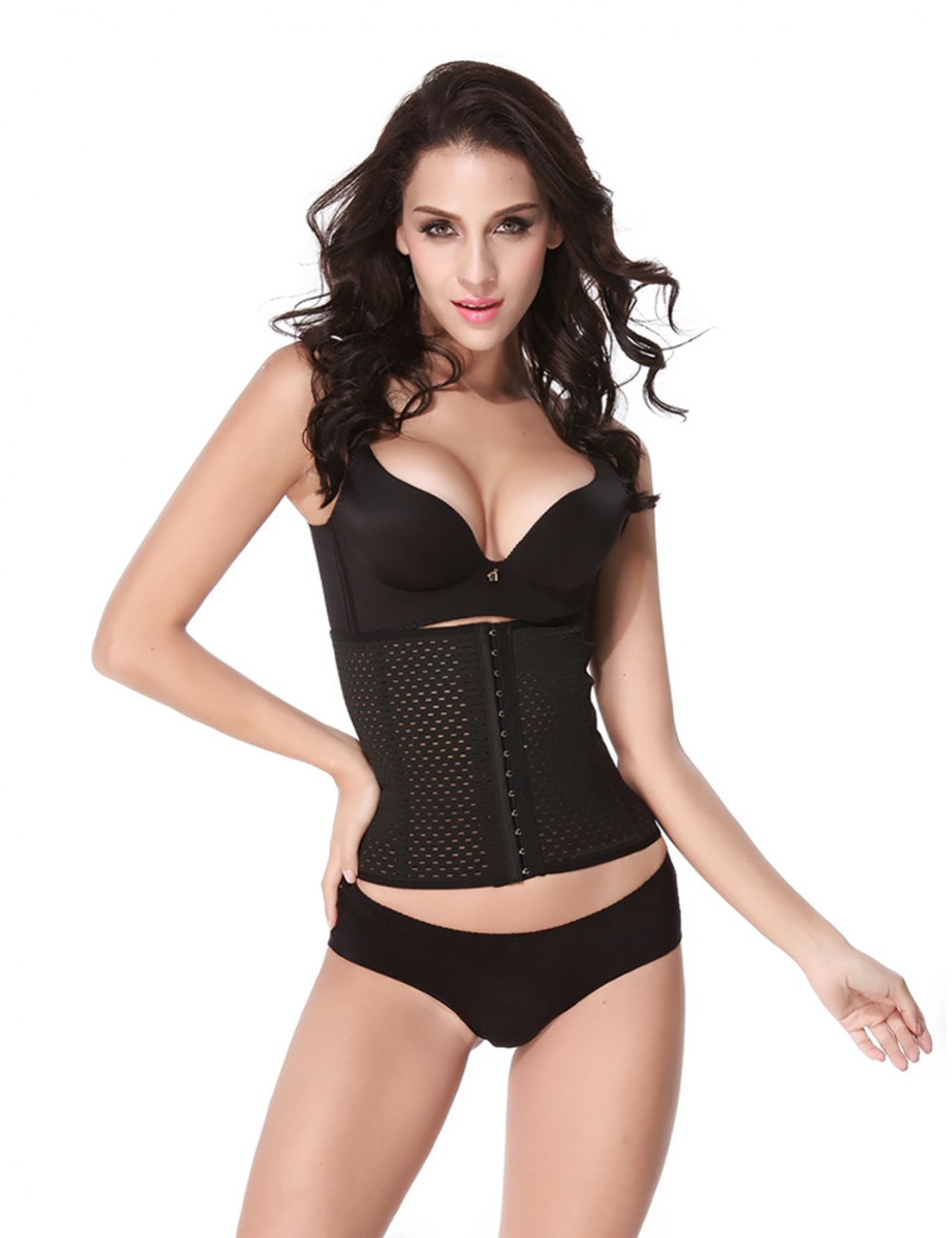 Classic Black 4 Plastic Bones Eyelet Plus Size Stomach Cincher