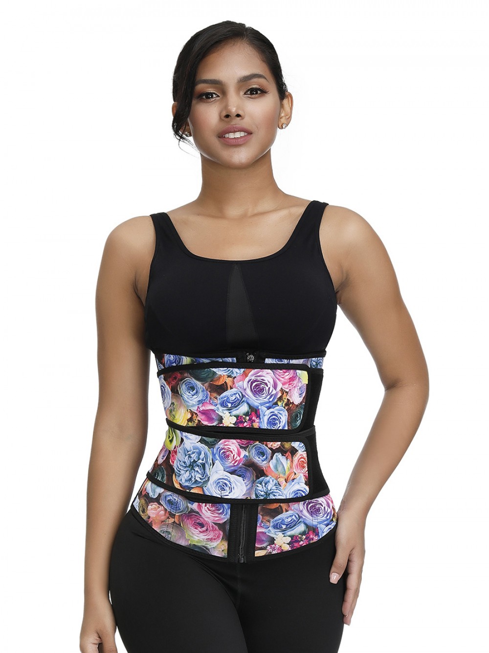 Rose Print Latex Waist Trainer Double Belts Highest Compression
