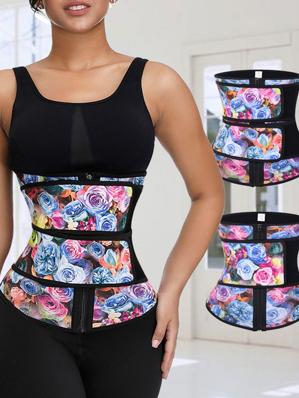 Rose Print Latex Waist Trainer Double Belts Highest Compression