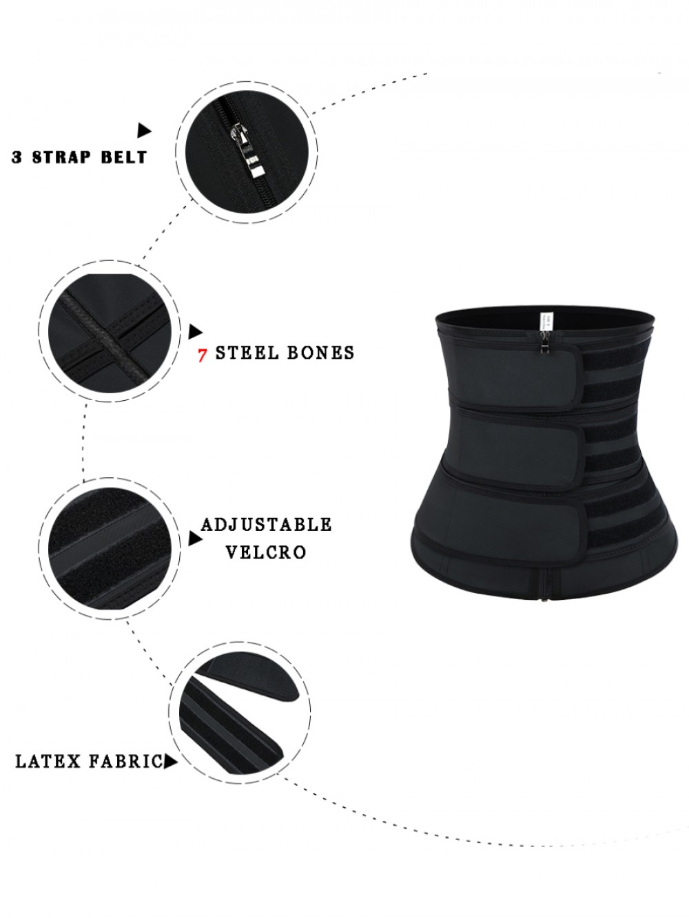 Black Three Belts Latex Waist Trainer Big Size Calories Burning