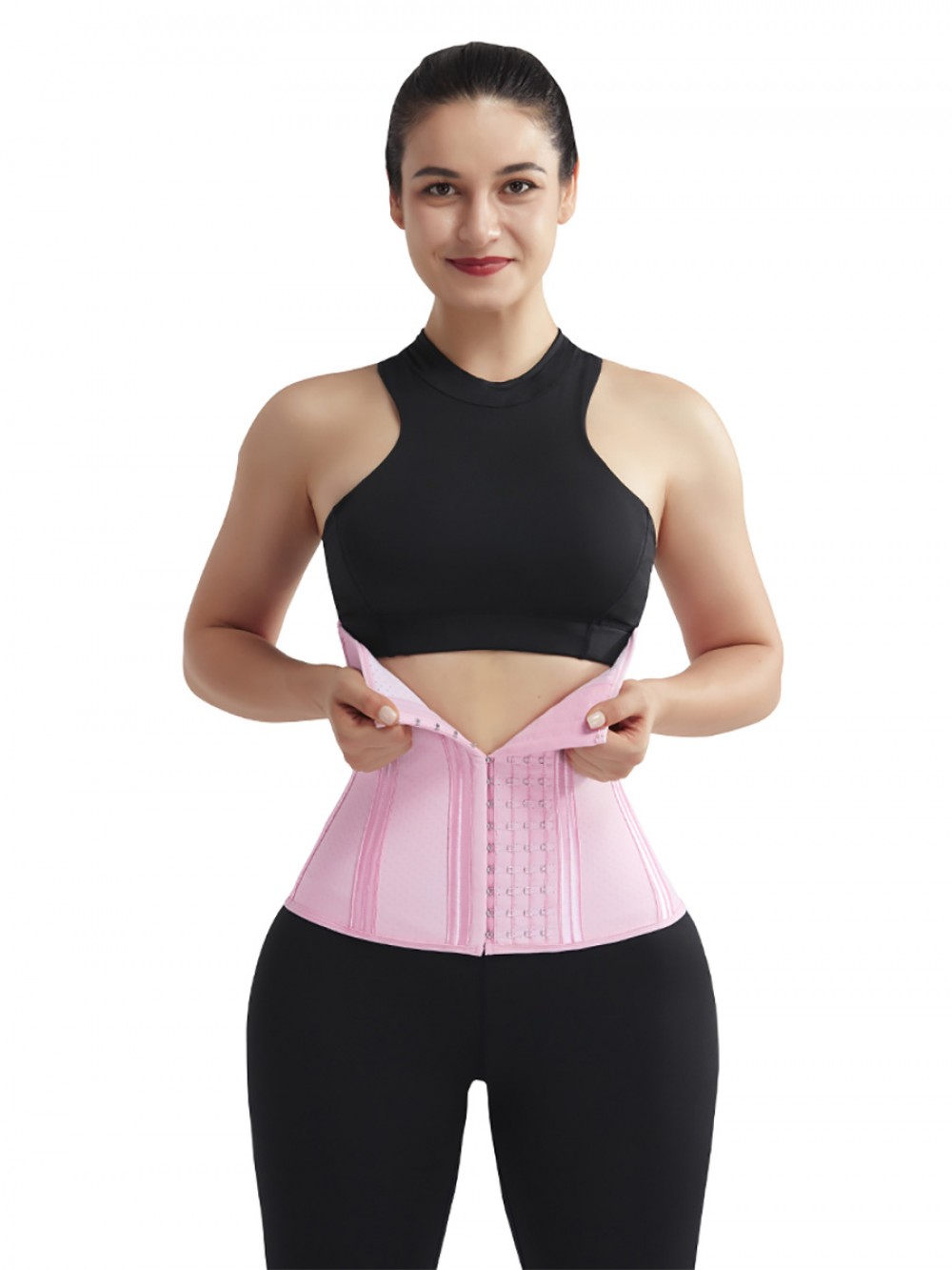 Pink 4 Rows Hook Latex Waist Cincher Belt Three-Layer Waist Control