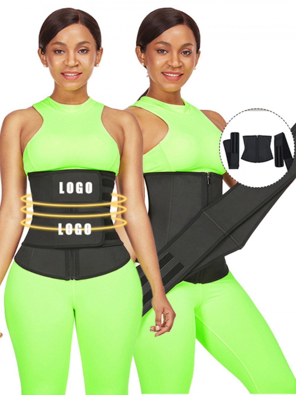 Black 7 Steel Bones Waist Cincher Double Belts Removable Shape