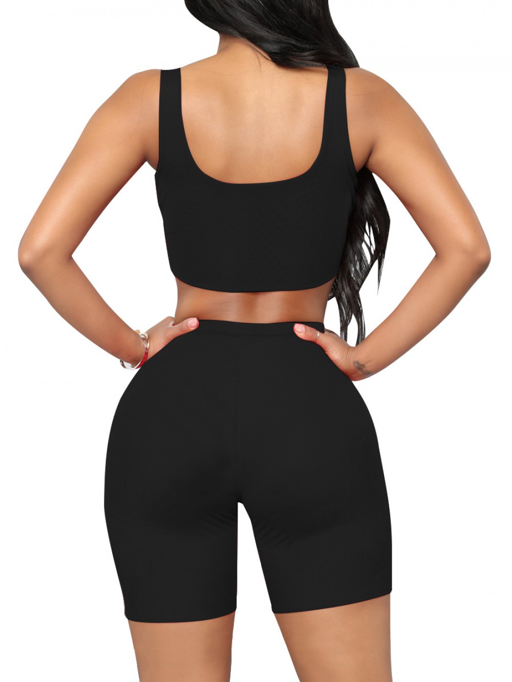 Upgrade Black Training Suits High Waist Scoop Neck High Elasticity Sanded Fabric