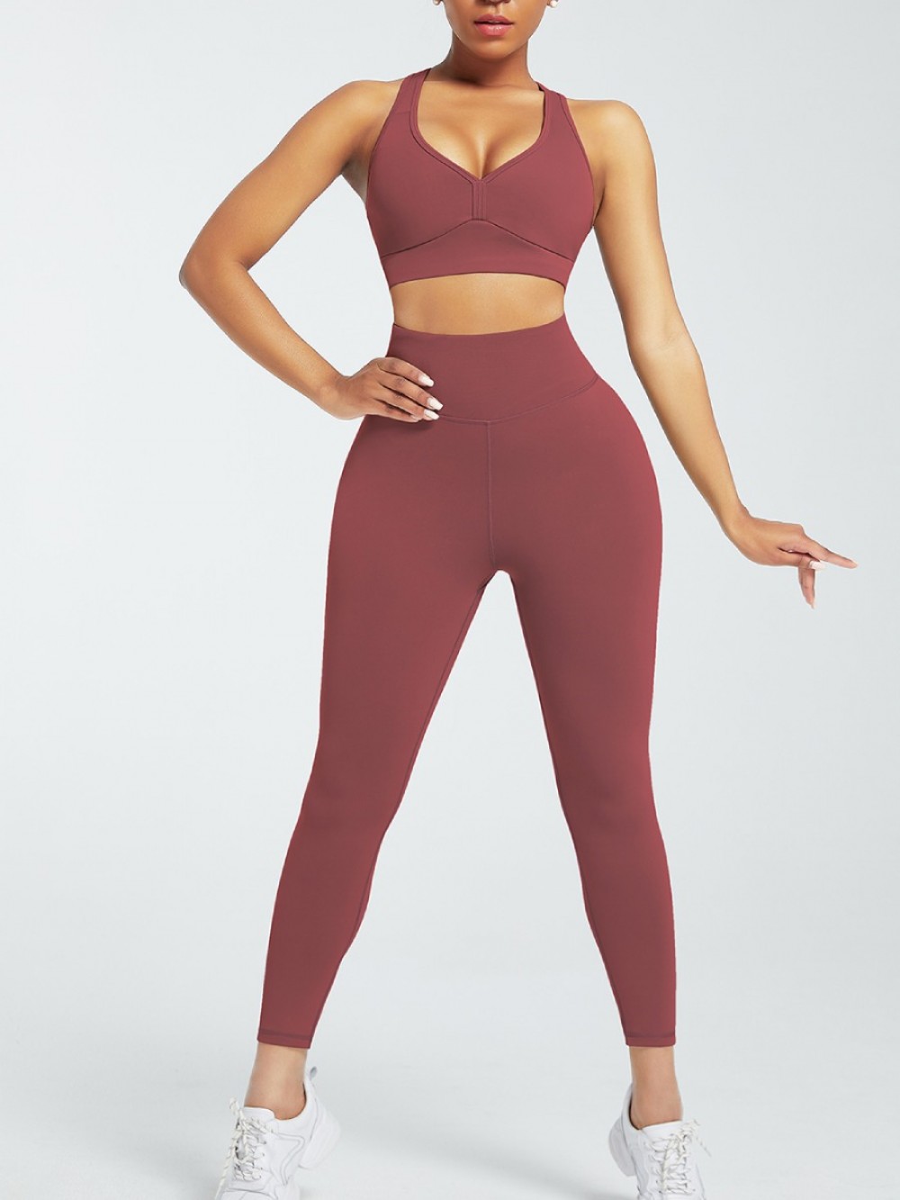 Jujube Red Running Suit High Rise Solid Color For Exercising
