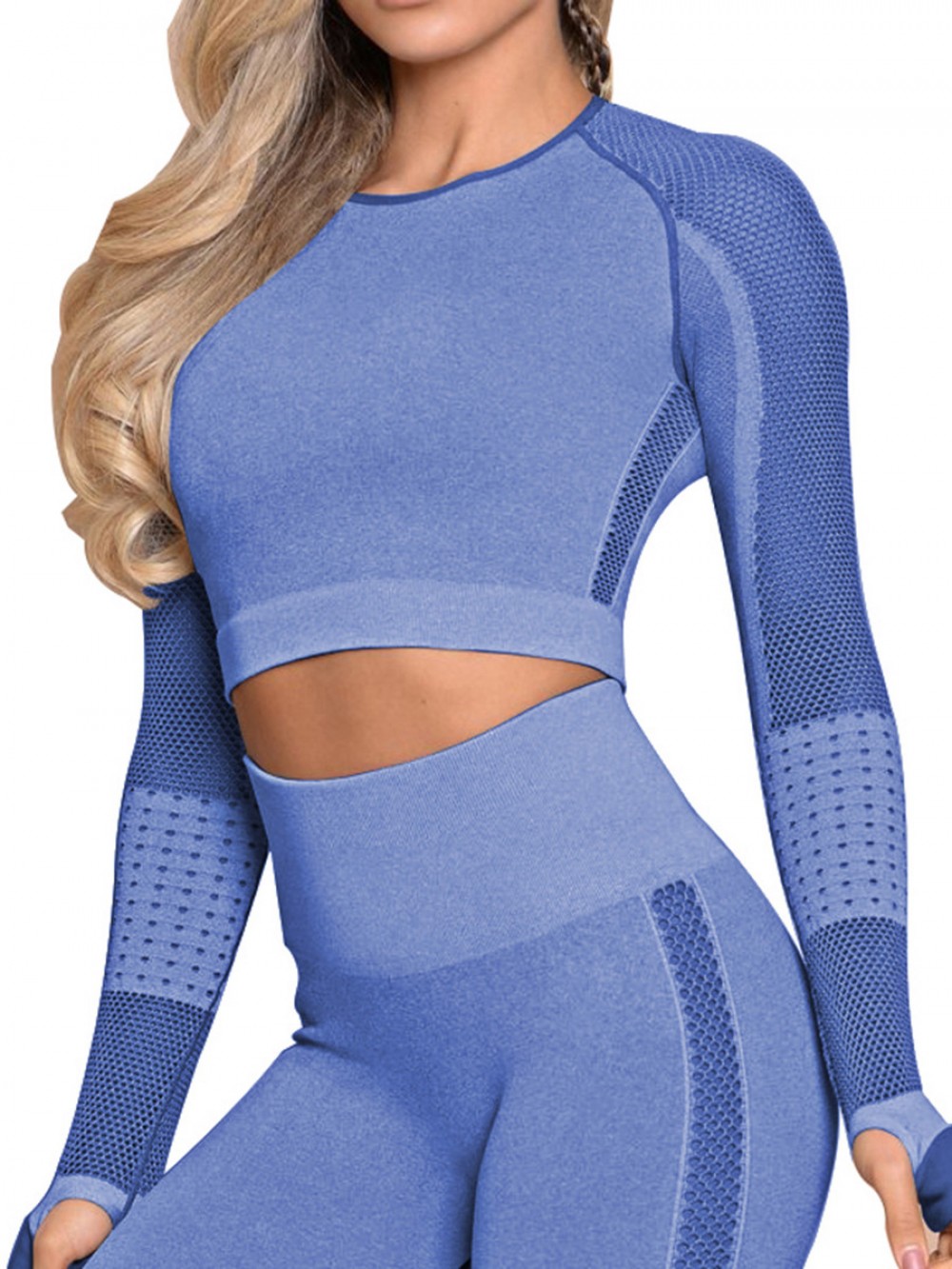 Fitness Royal Blue Full Sleeves Yoga Crop Top Thumbhole Quick Drying