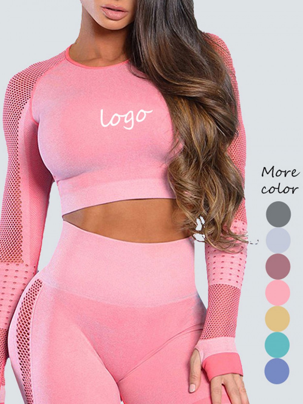 Athletic Light Pink Mesh Patchwork Sport Top Full Sleeve For Warmup