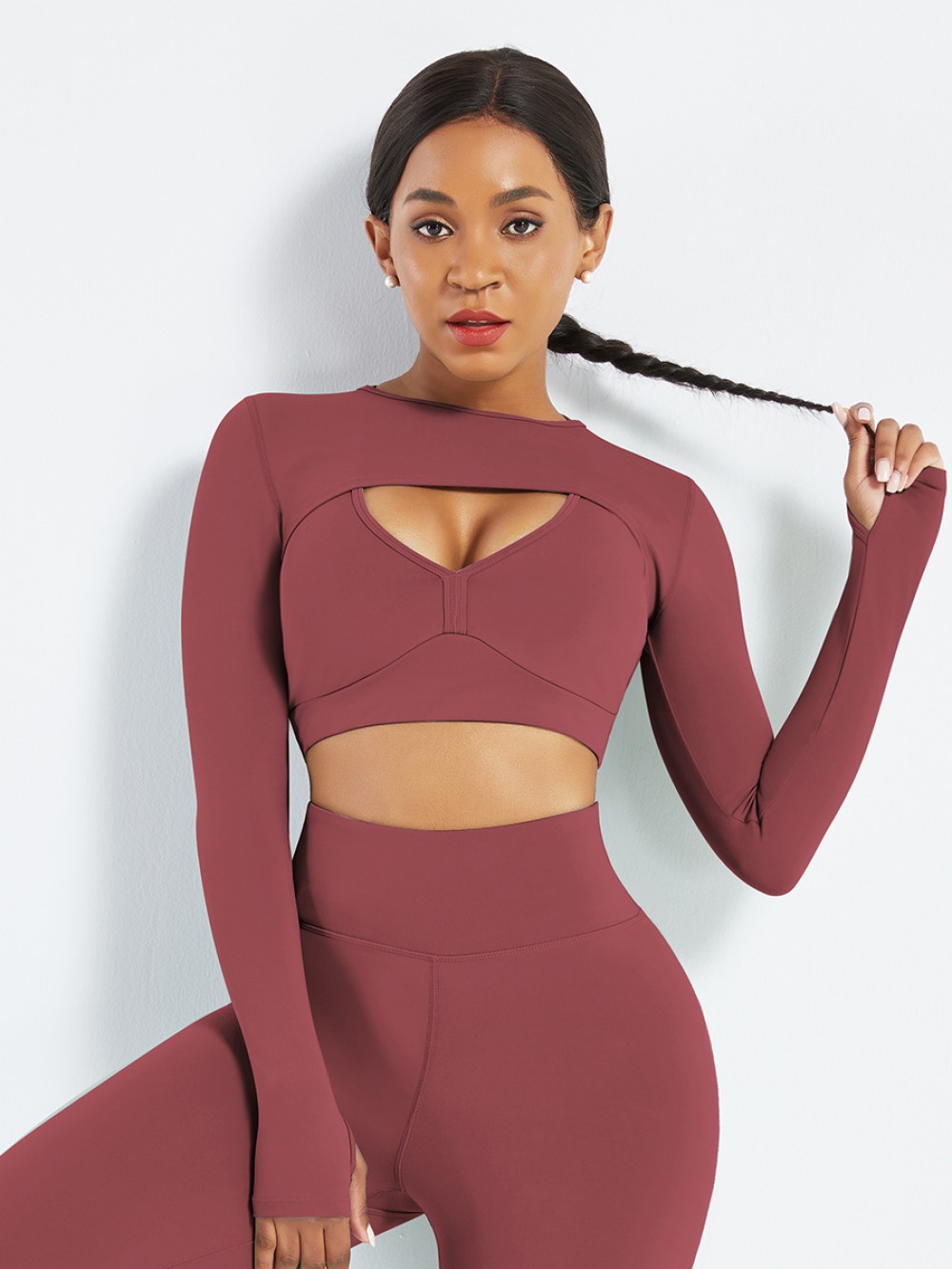 Jujube Red Long Sleeve Running Top Crew Neck Ladies Sportswear