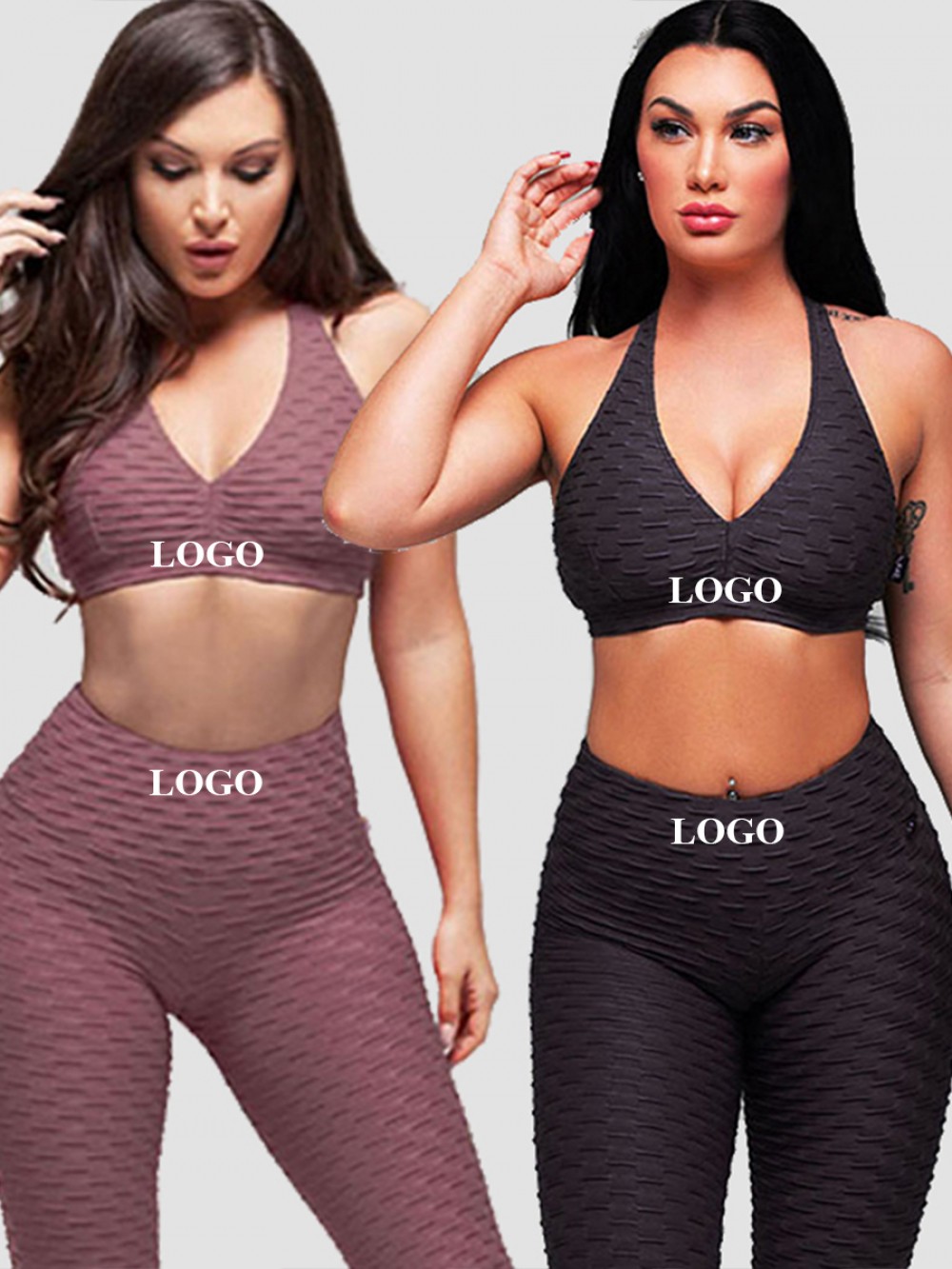 Stretch Black Racerback Sports Bra Two Piece Jacquard Leggings For Training