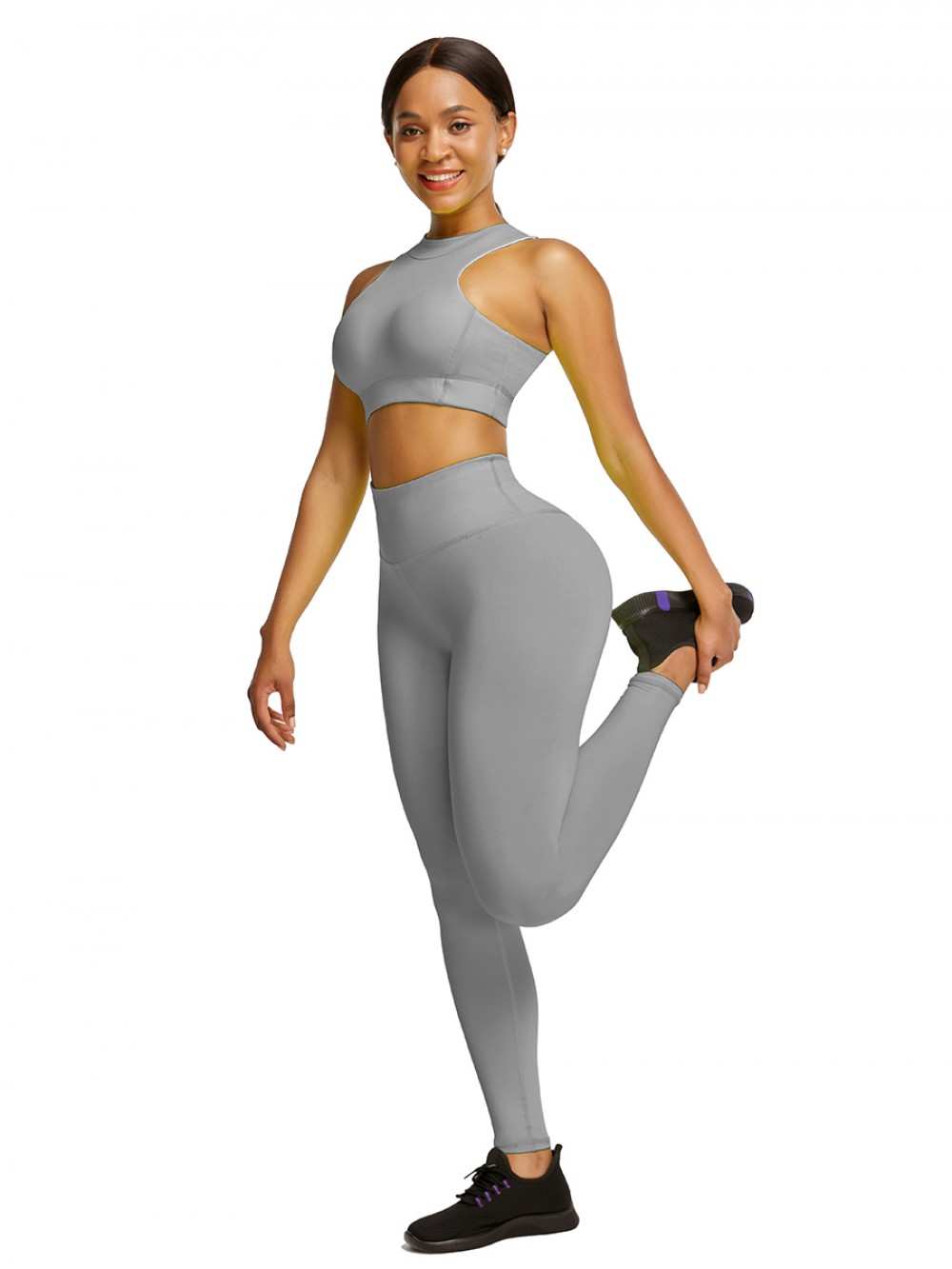 Gray High Waist Yogawear Set Crop Sleeveless Athletic Comfort