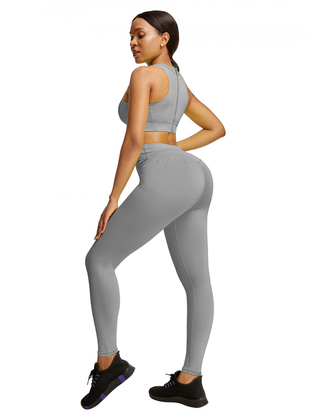 Gray High Waist Yogawear Set Crop Sleeveless Athletic Comfort