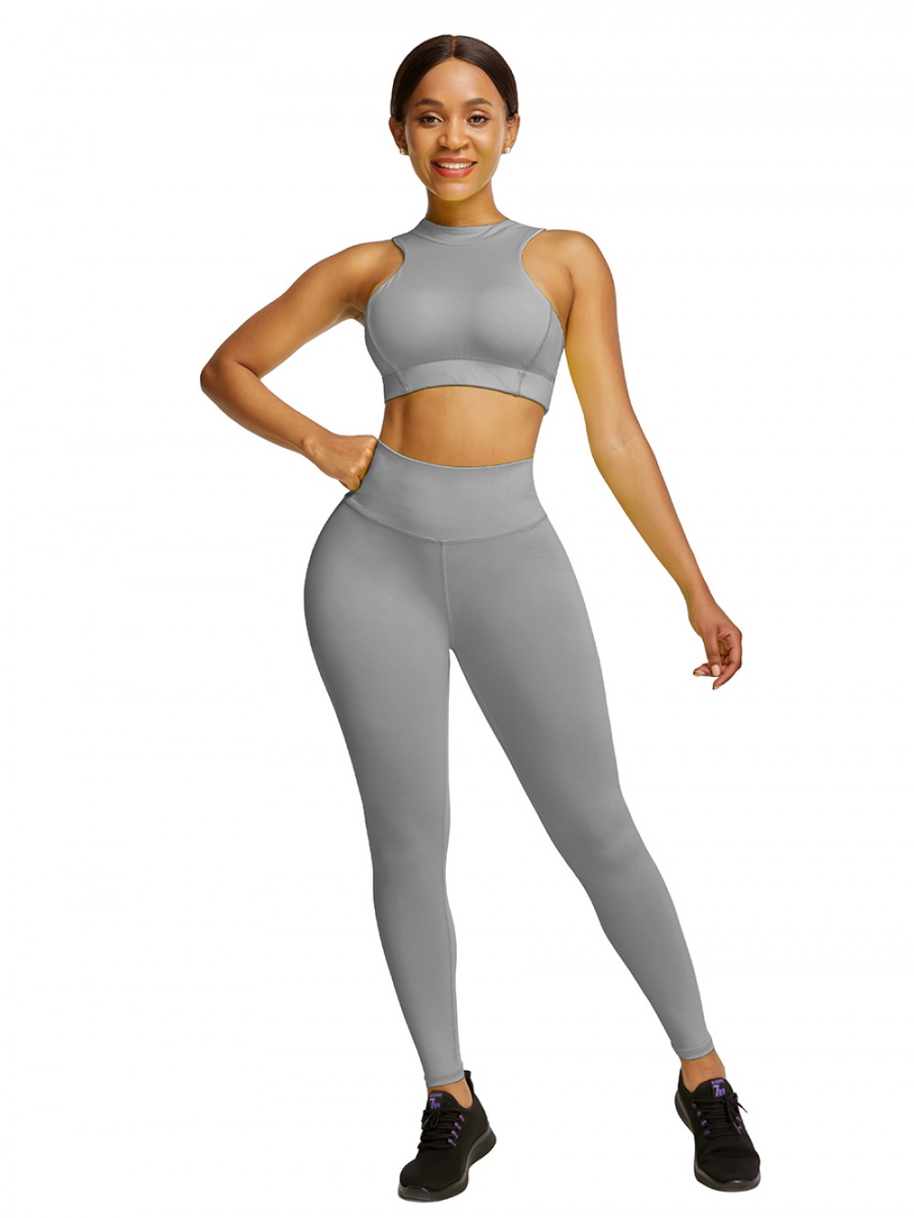 Gray High Waist Yogawear Set Crop Sleeveless Athletic Comfort