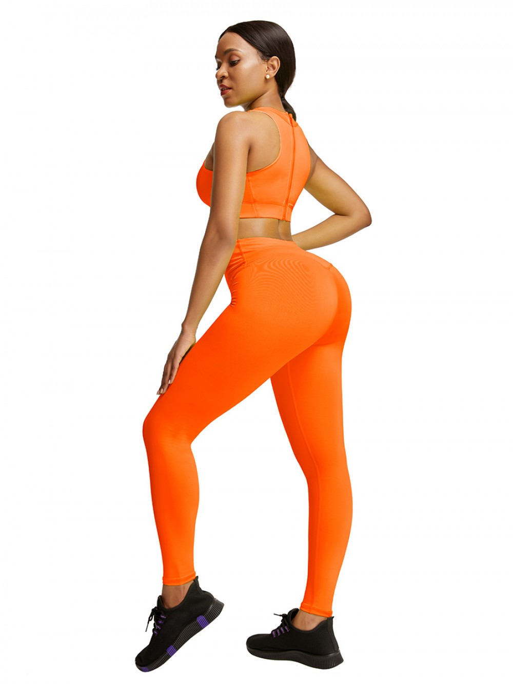 Stretchable Orange Cropped Sleeveless Back Zip Yoga Suit For Women