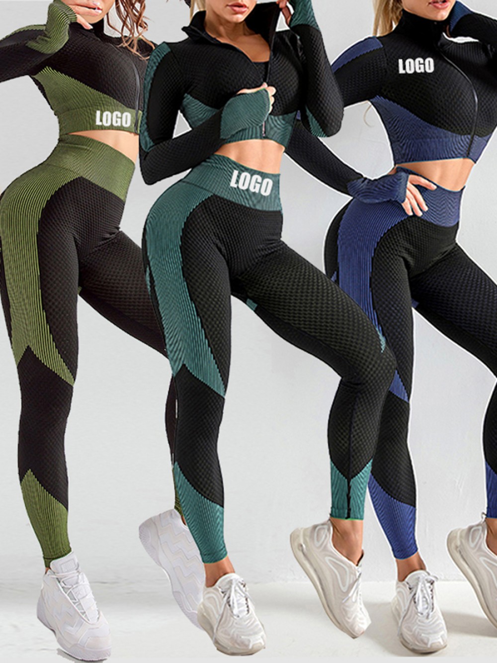 Dark Blue Stand-Up Collar Top High Rise Leggings Workout Activewear