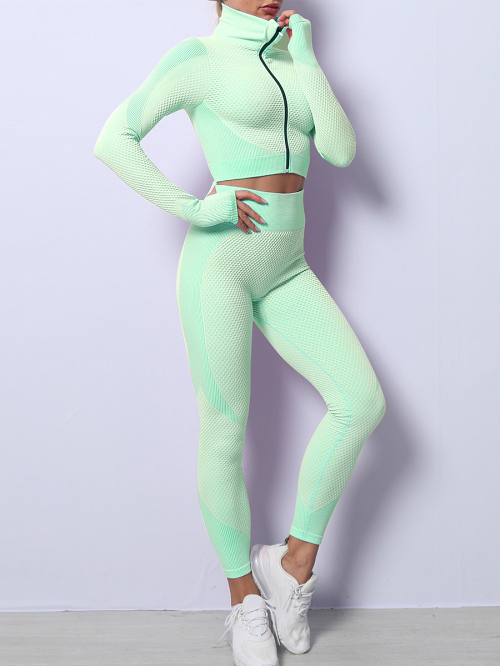 Grass Green Long Sleeves Zipper Sports Two-Piece Outfits Stretchy