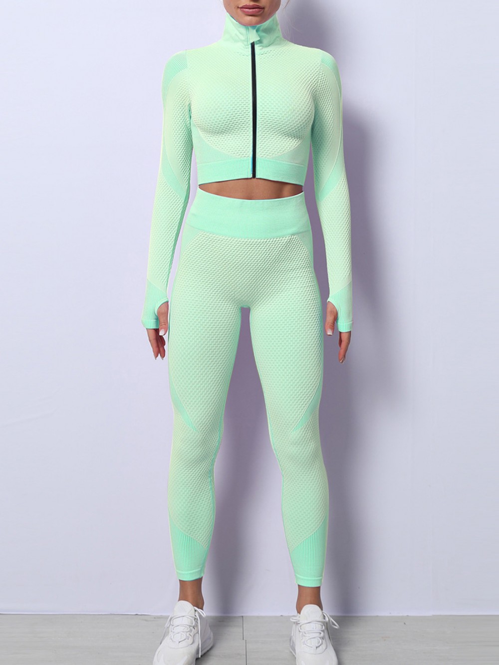 Grass Green Long Sleeves Zipper Sports Two-Piece Outfits Stretchy