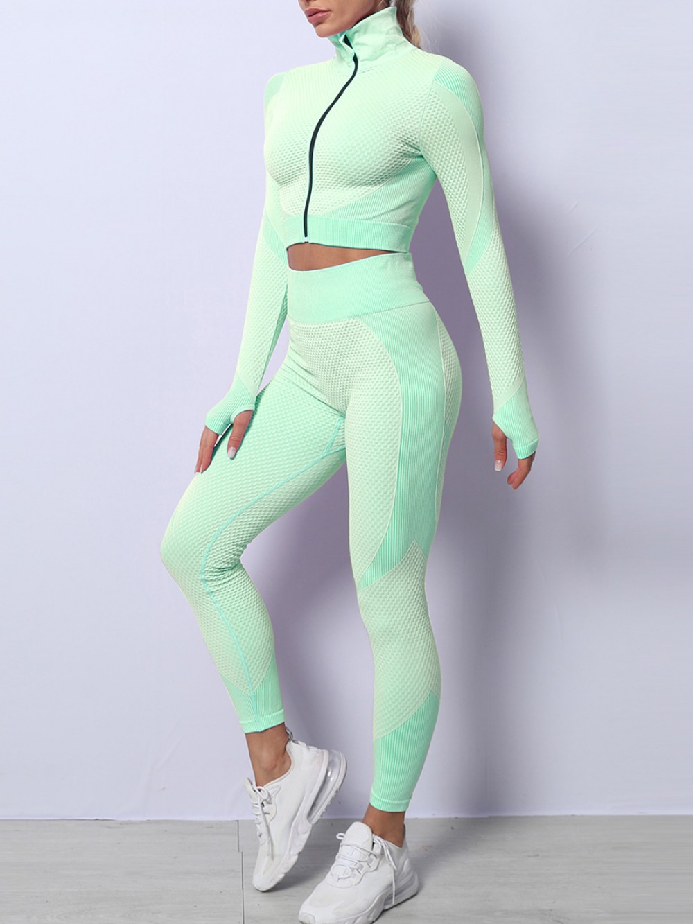 Grass Green Long Sleeves Zipper Sports Two-Piece Outfits Stretchy