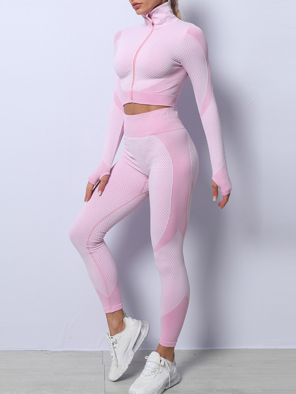 Light Pink High Waist Yoga Suit Colorblock With Thumbhole Slim Fit