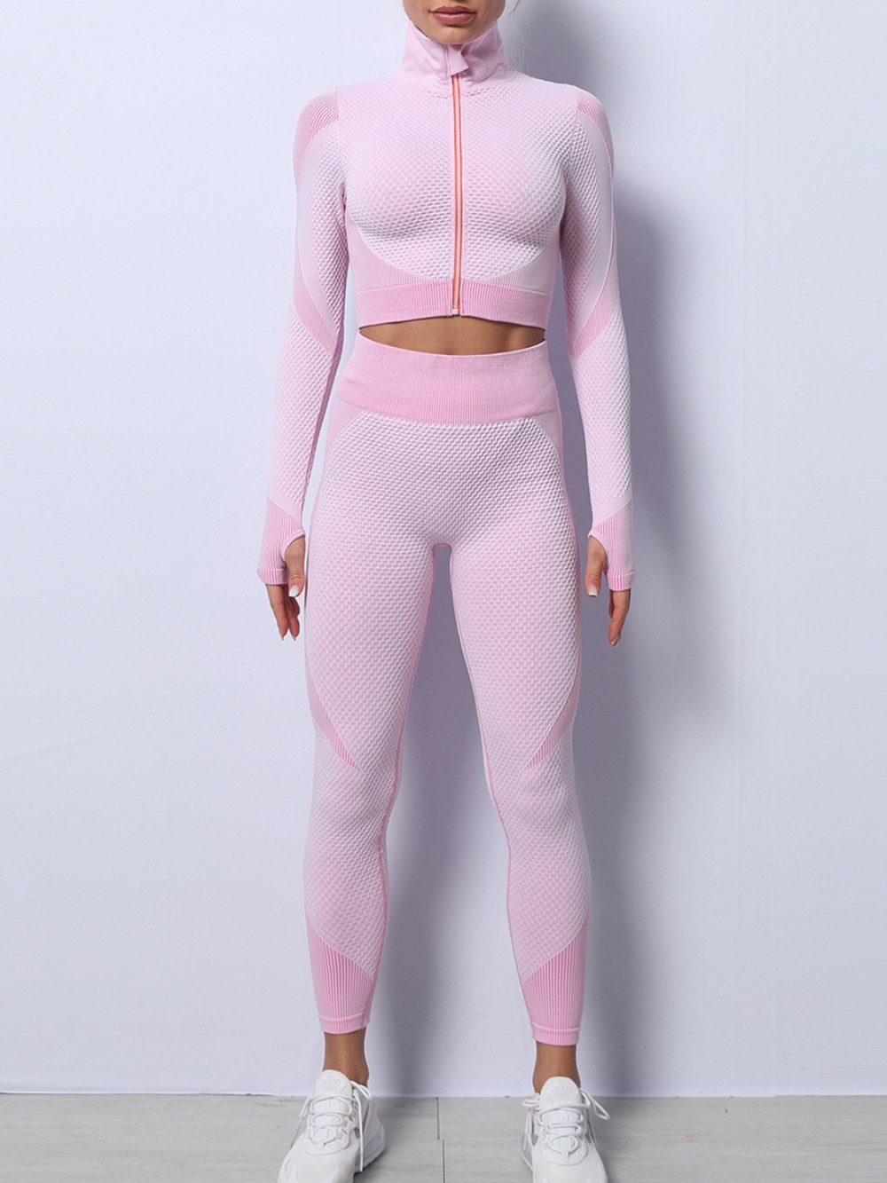 Light Pink High Waist Yoga Suit Colorblock With Thumbhole Slim Fit
