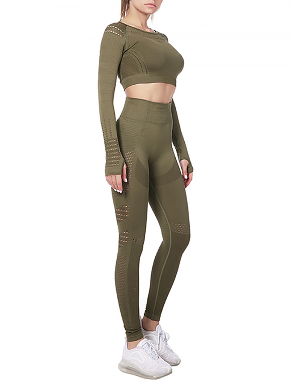 Virtuoso Army Green Hollow Out Sports Suits Full Length Activewear