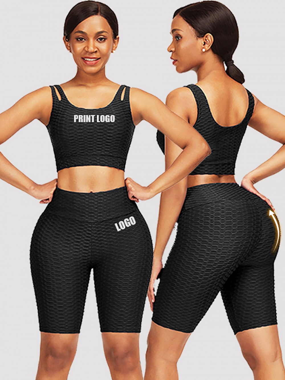 Elasticated Black Jacquard High Waist Crop Sports Suit For Work