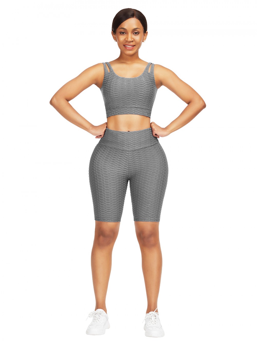 Glorious Gray Jacquard Yoga Top High Waist Shorts High Quality