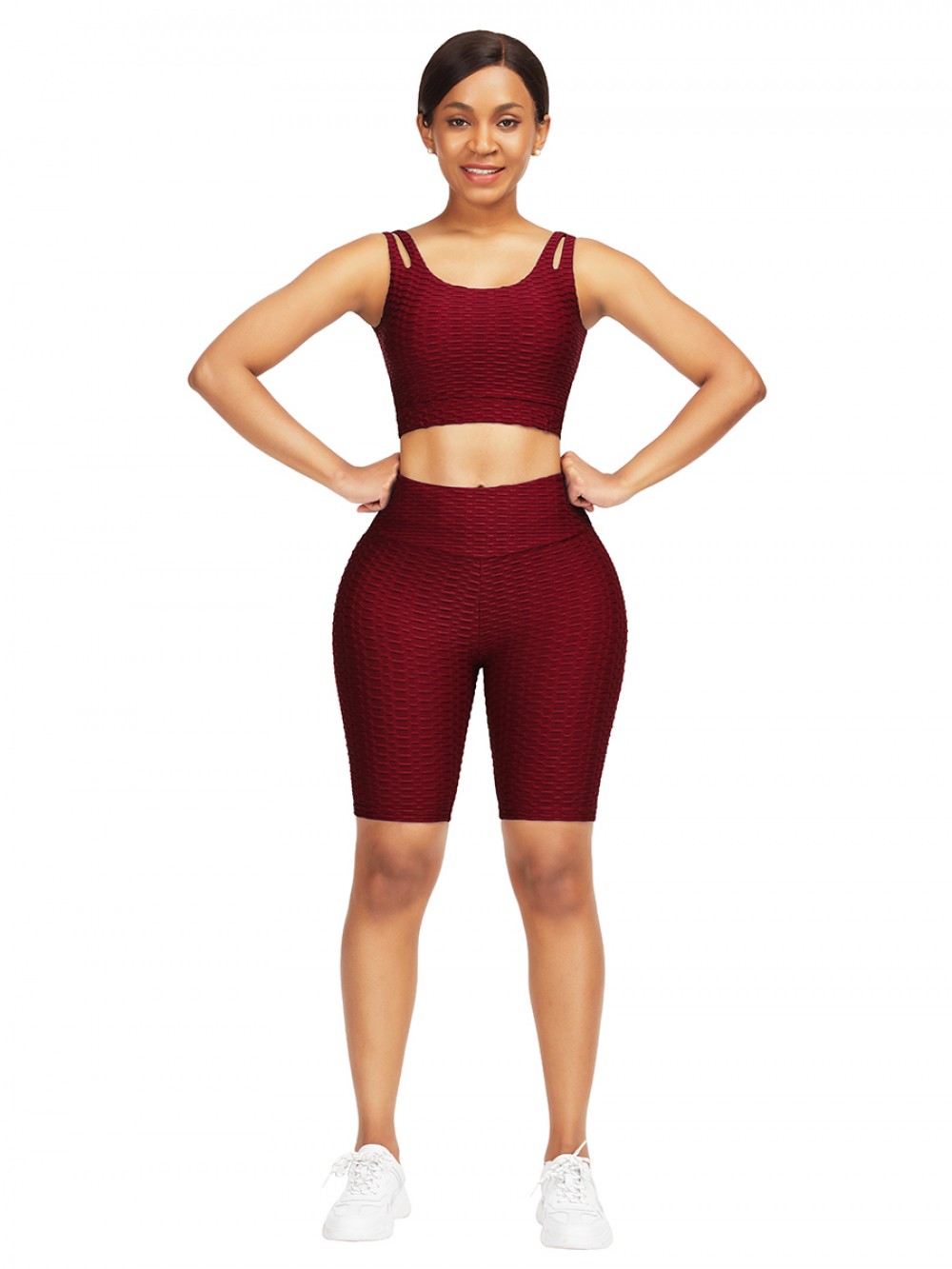 Dazzles Wine Red Scoop Neck Crop Jacquard Sports Suit Glamor