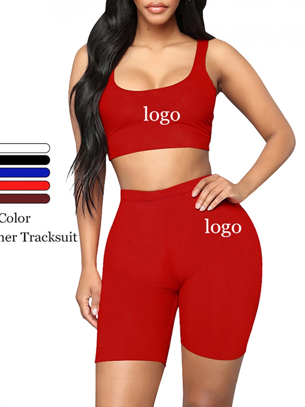 Breathable Red Sleeveless Top High Rise Sports Shorts Feminine