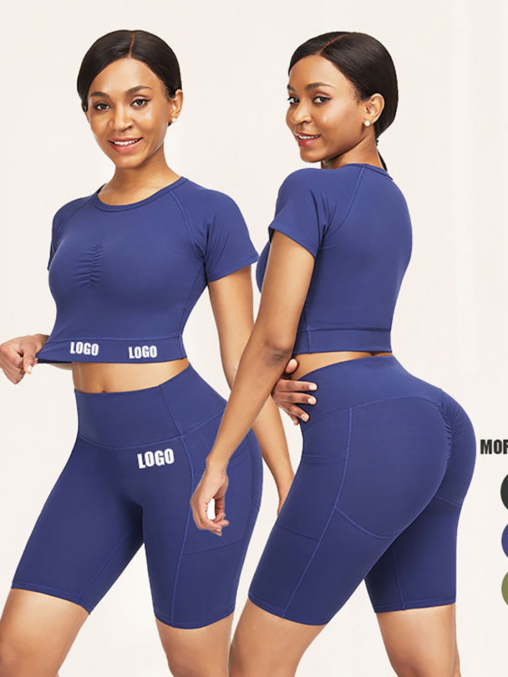 Simply Chic Dark Blue Ruched Athletic Set Solid Color Glamor