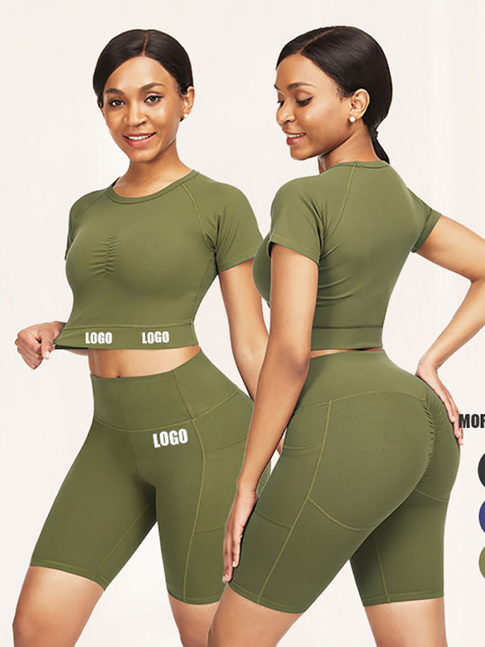 Fetching Army Green Crew Neck Top Wide Waistband Shorts For Workout