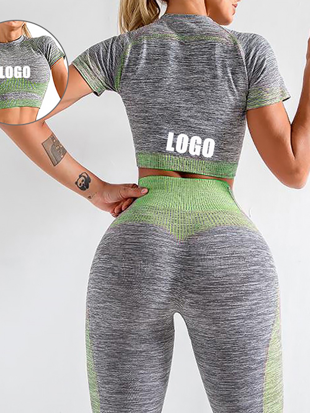 Exquisite Green Crop Top Seamless High Waist Pants Athletic Apparel