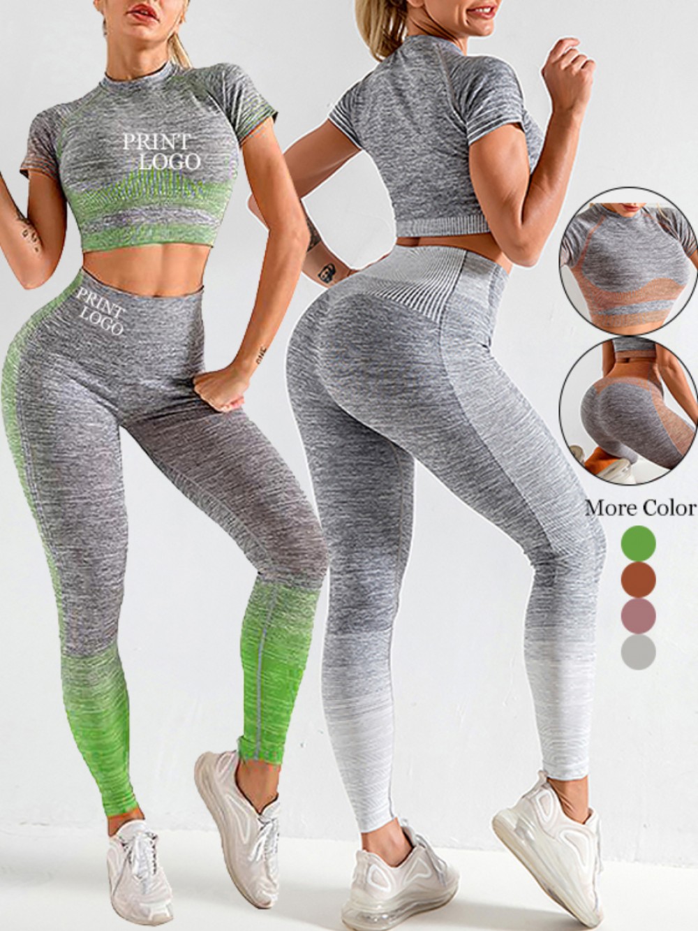 Exquisite Green Crop Top Seamless High Waist Pants Athletic Apparel